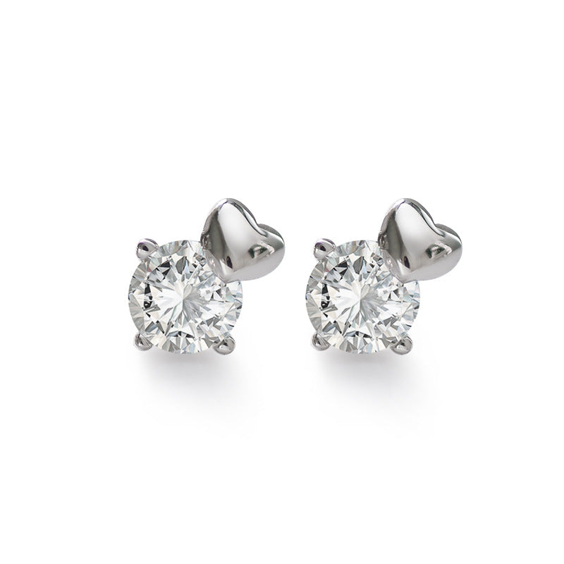 Round Zircon with Heart Silver Stud Earrings for Women