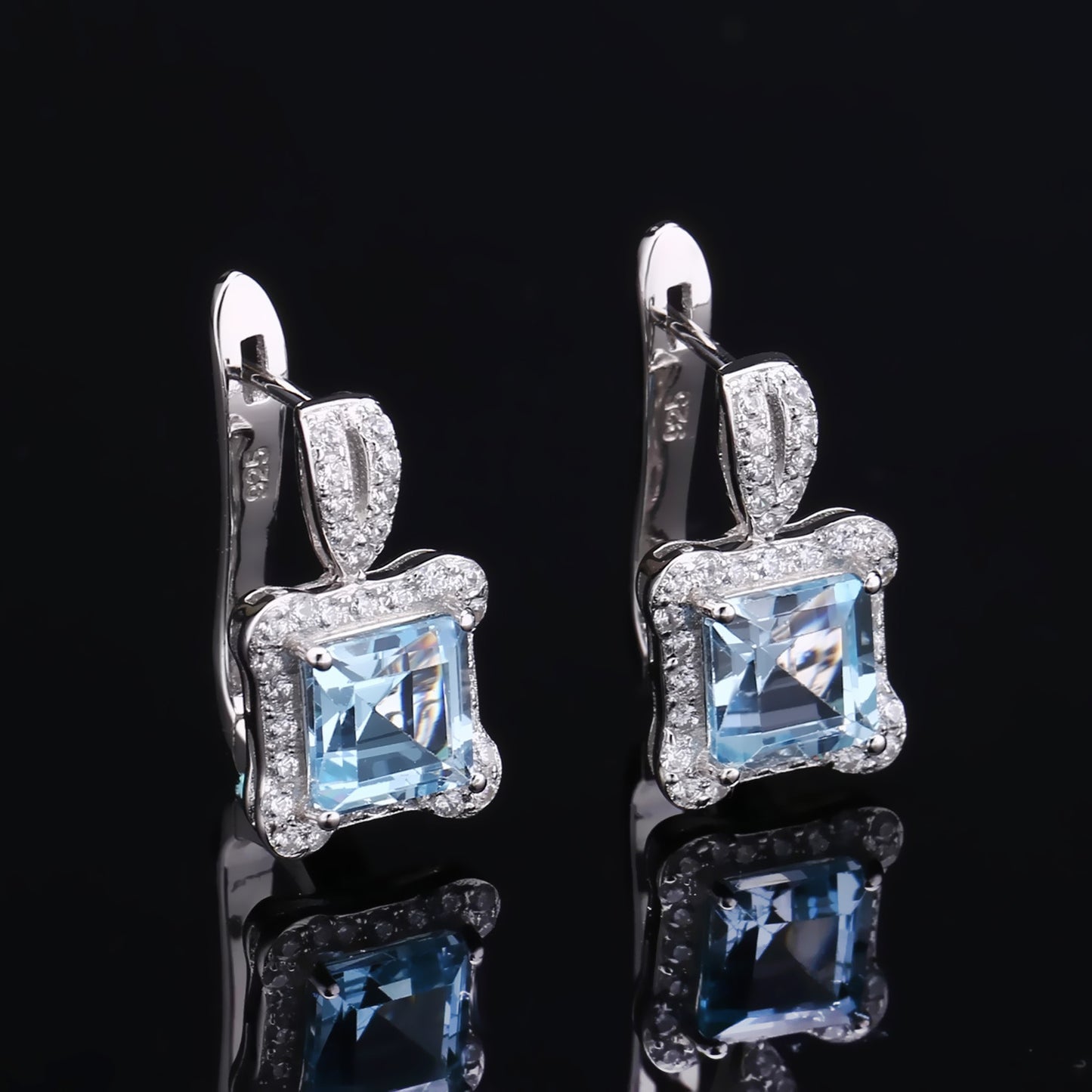 Luxurious Natural Topaz Soleste Halo Square Silver Studs Earrings for Women