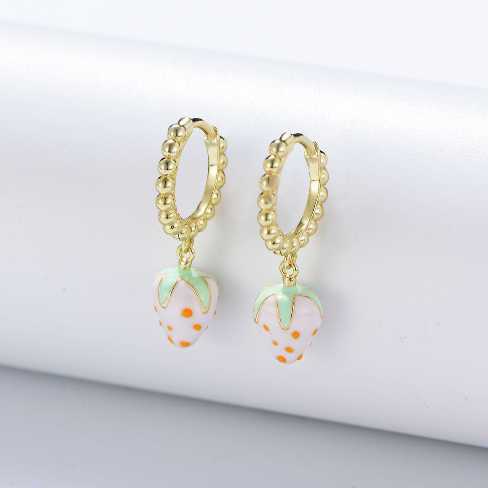 Enamel Pink Strawberry Silver Drop Earrings for Women