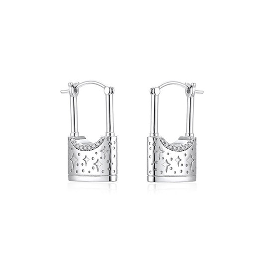 Star Pattern Lock with Zircon Silver Drop Earrings for Women