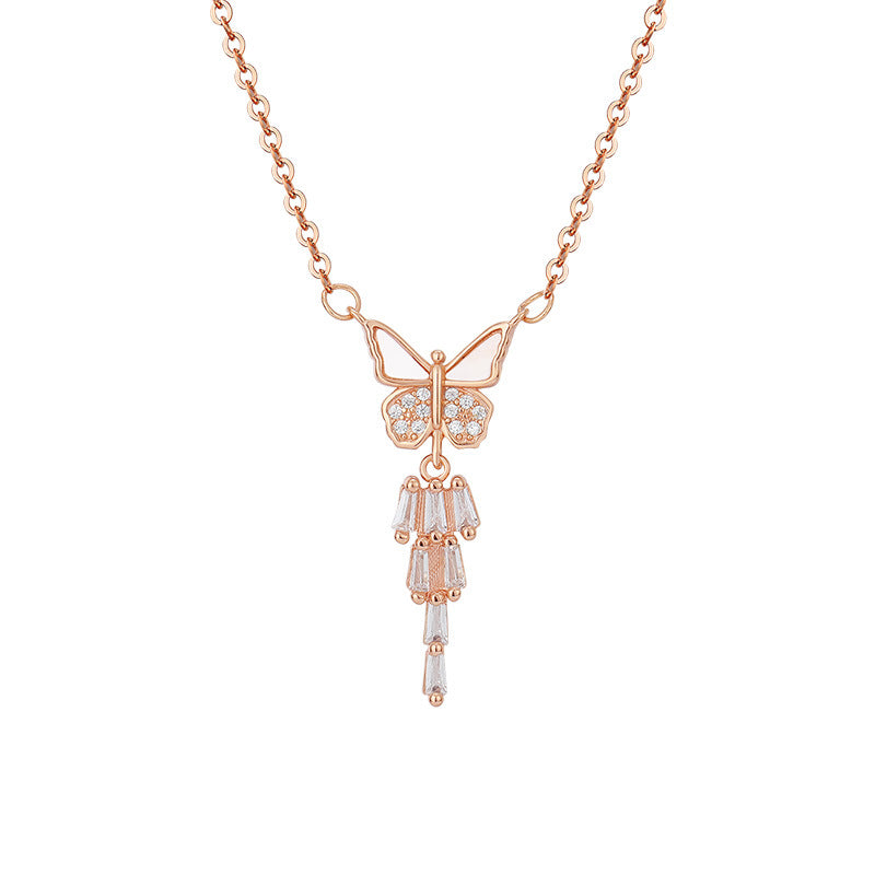 Mother of Pearl Butterfly with Zircon Tassels Silver Necklace for Women