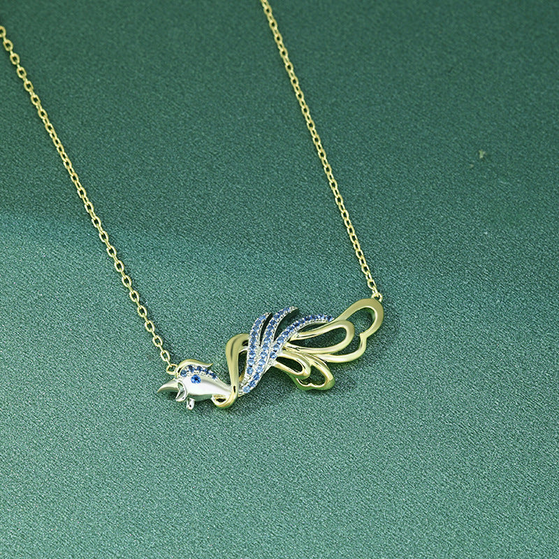 Blue Zircon Phoenix Pendant Silver Necklace for Women