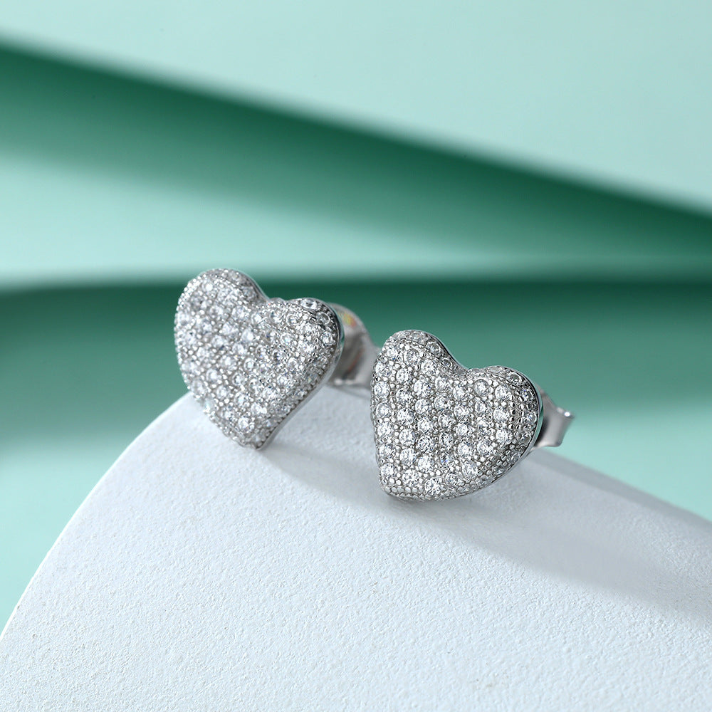 Full Zircon Heart Silver Studs Earrings for Women