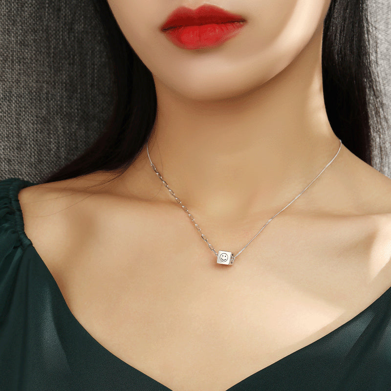 Smiley Face Cube Pendant Silver Necklace for Women