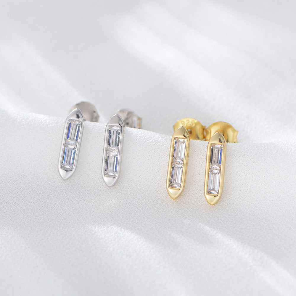 Geometric Rectangle with Zircon Silver Studs Earrings for Women