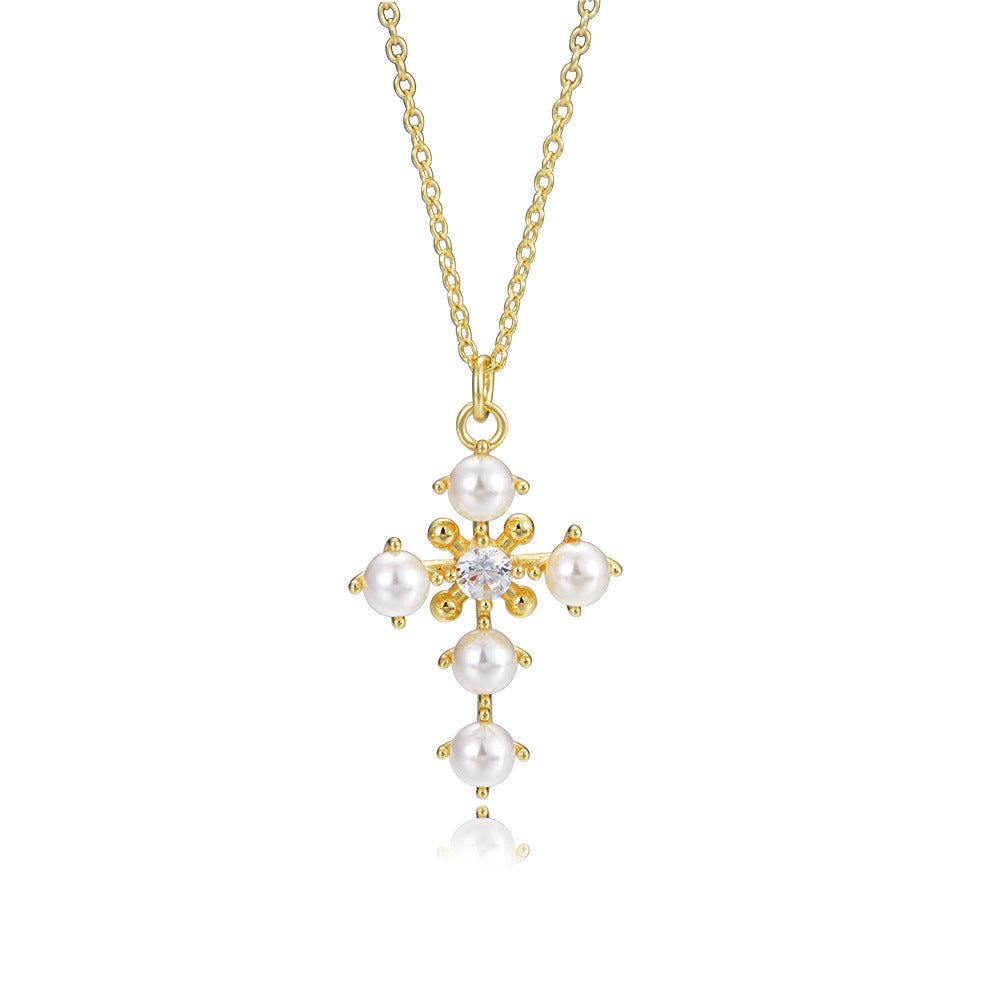 Pearl Cross Pendant Sterling Silver Necklace for Women