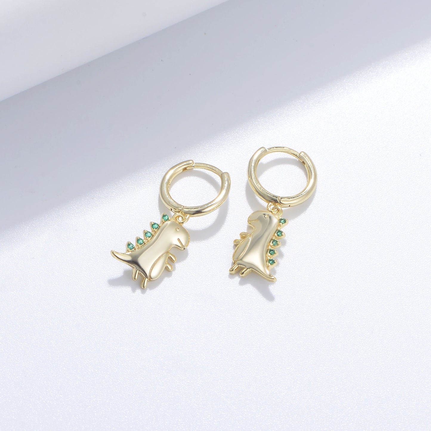 Small Dinosaur with Green Zircon Silver Hoop Earrings for Women