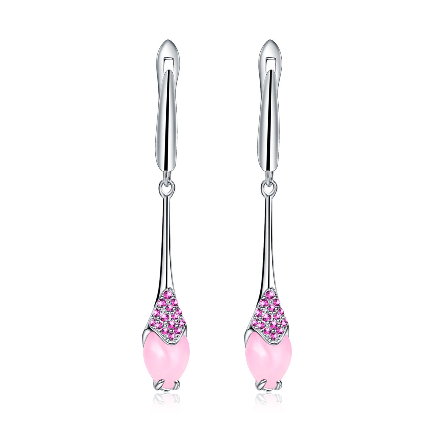 Italian Design Inlaid Pink Chalcedony Long Style Silver Drop Earrings for Women