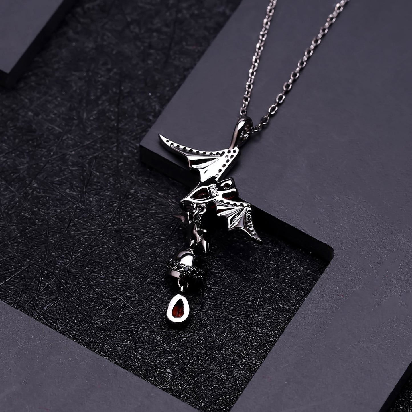 Dark Collection Design Natural Garnet Bat Pendant Sterling Silver Necklace for Women