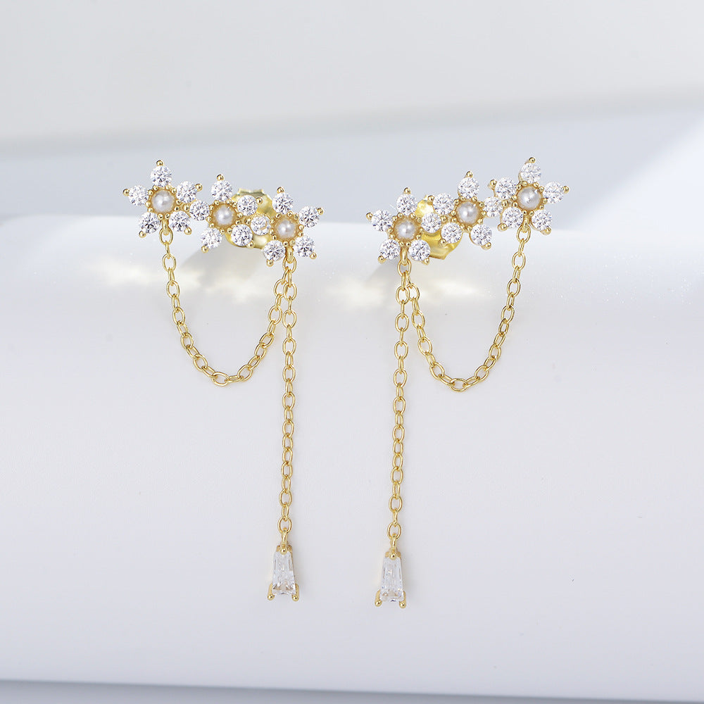 Zircon Flower with Pearl Tassel Silver Drop Earrings for Women