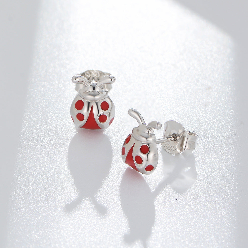 Enamel Seven-star Ladybug Silver Studs Earrings for Women