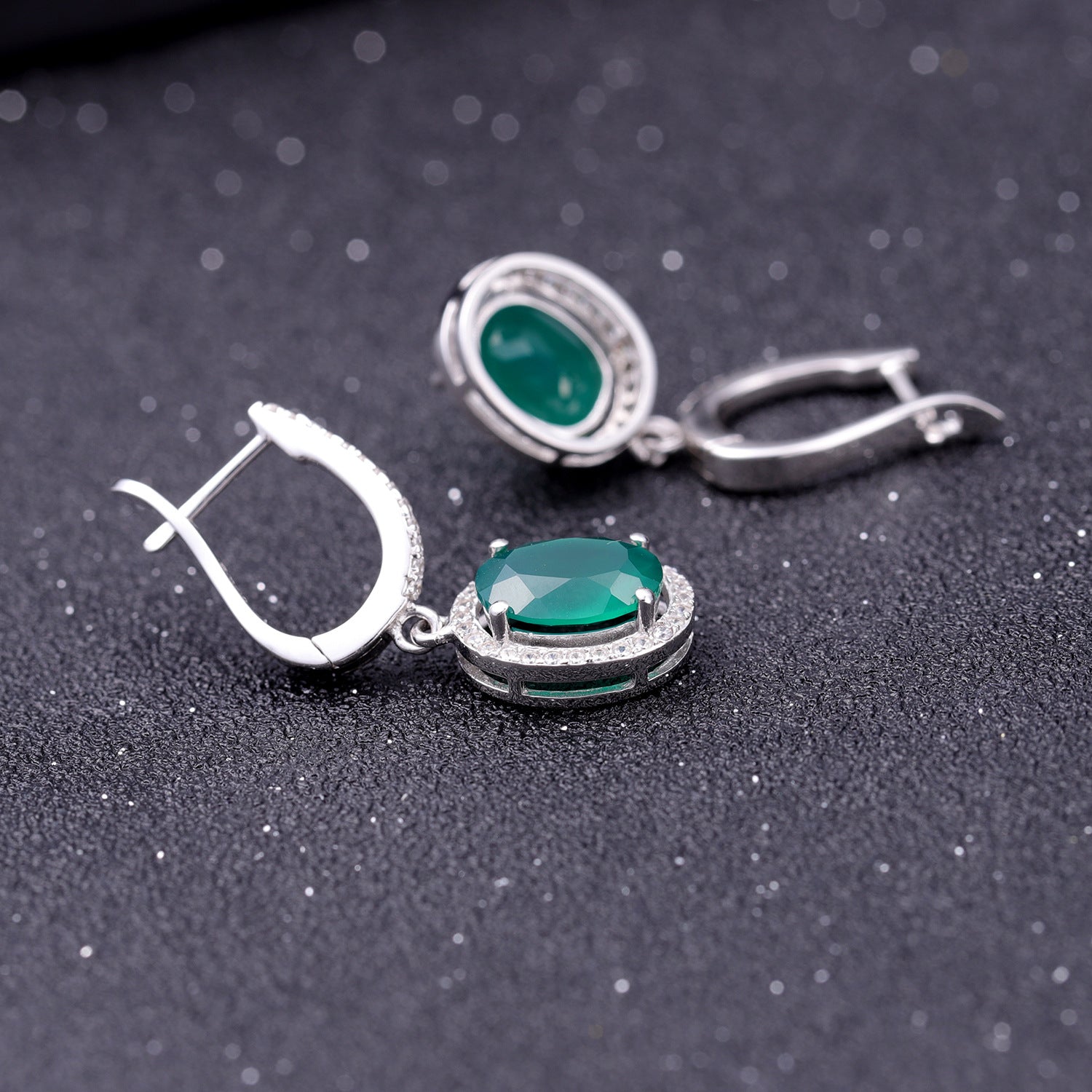 Green Agate Soleste Halo Oval Shape Silver Drop Earrings for Women