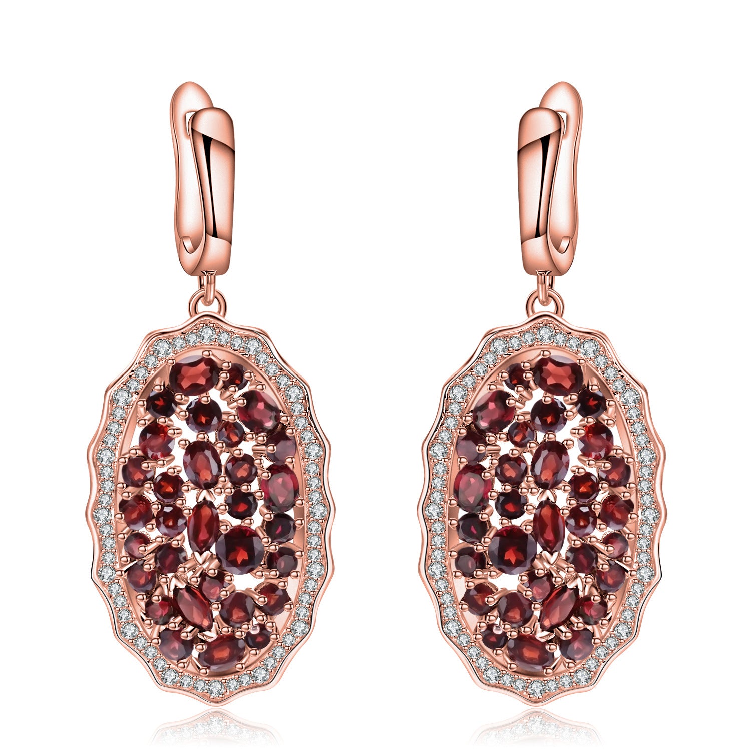 Luxury Style Group Inlaid Natural Garnet Oval Silver Drop Earrings for Women