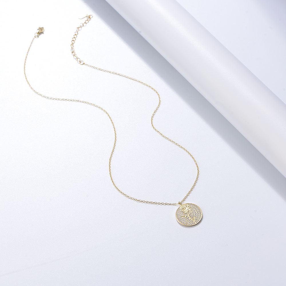 Circular Micro-set Zircon Rose Pendant Silver Collarbone Necklace for Women