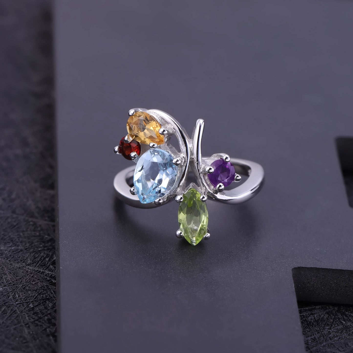 Fashion Design Inlaid Natural Colourful Gemstones Sterling Silver Ring for Women