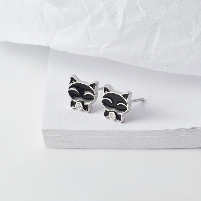 Black Kitten with Zircon Silver Stud Earrings for Women