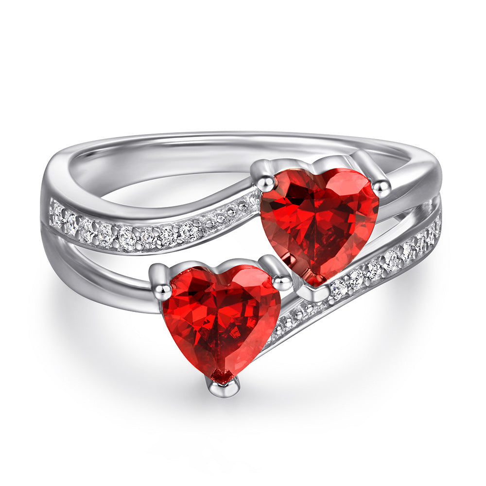 Colourful Two Heart Zircon Modern Split Shank Silver Ring for Women