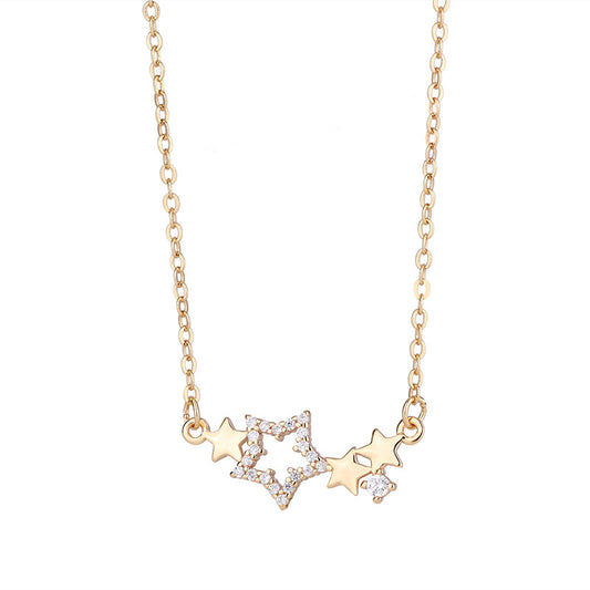 String of Five-pointed Stars with Zircon Silver Necklace for Women