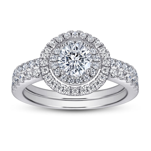 Round Zircon Soleste Halo with Circle Silver Ring Set