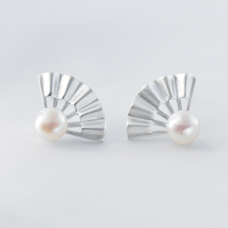 Frosting Folding Fan with Freshwater Pearl Silver Stud Earrings for Women