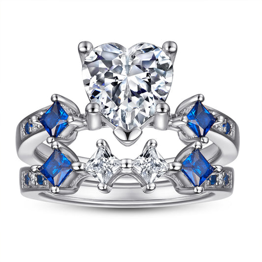 Heart-shaped Zircon with Square Blue Zircon Silver Ring Set for Women