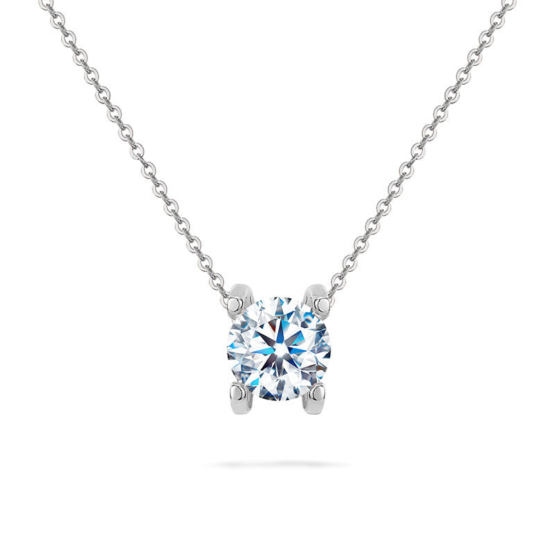 Round Zircon Four Prongs Pendant Silver Necklace for Women