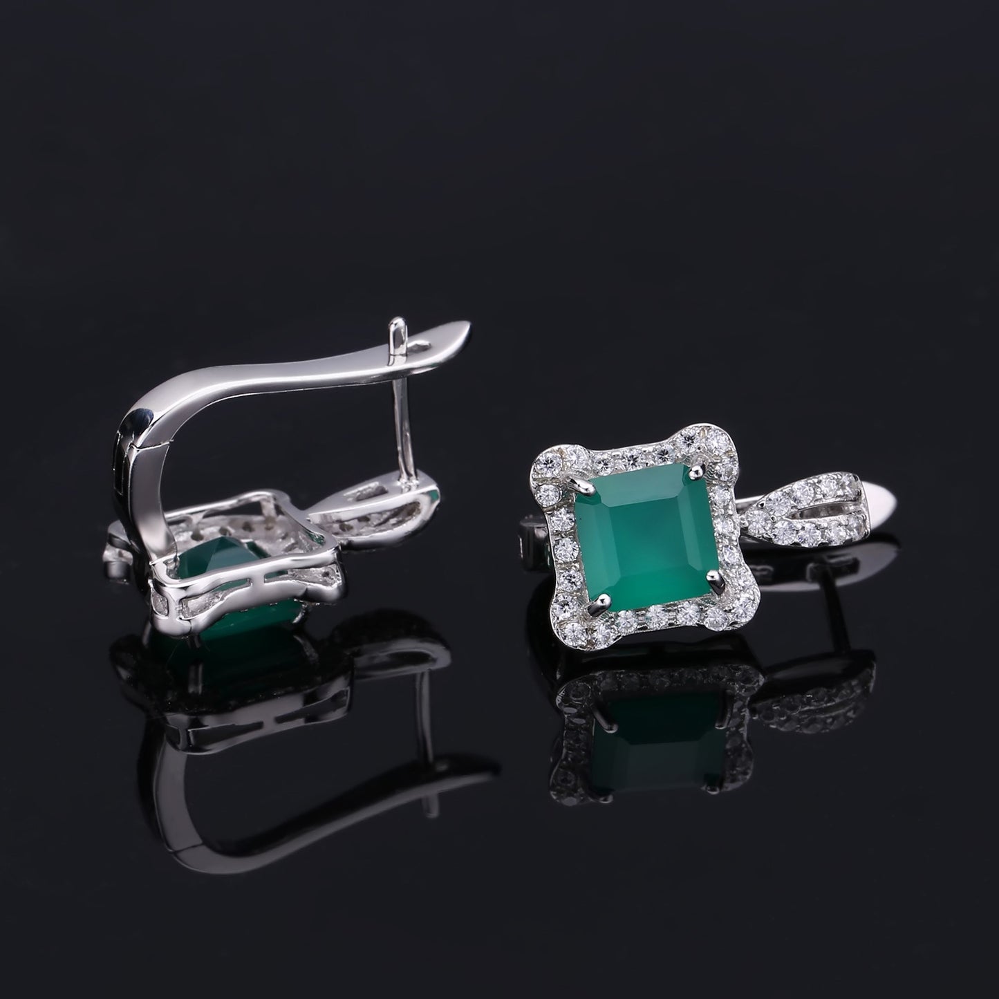 Natural Green Agate Soleste Halo Square Silver Studs Earrings for Women