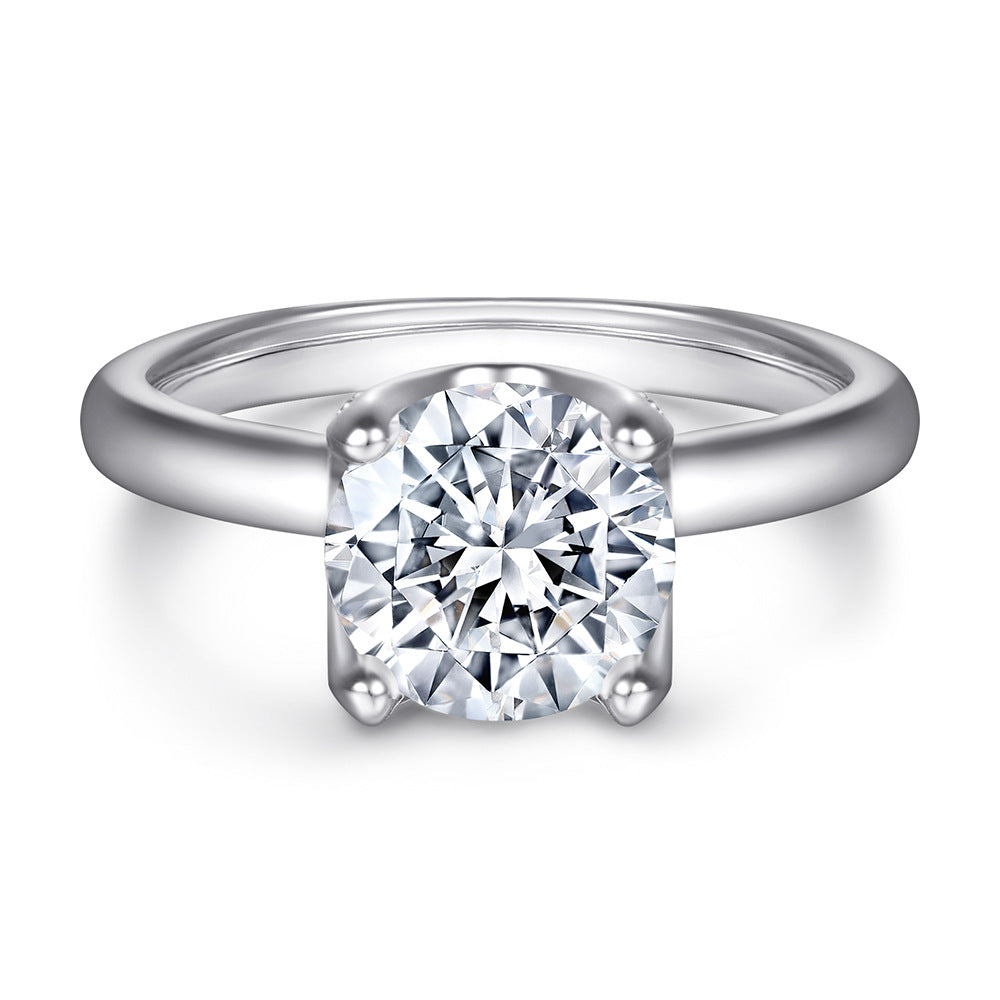 Round Zircon Four Prongs with Zircon Solitaire Silver Ring