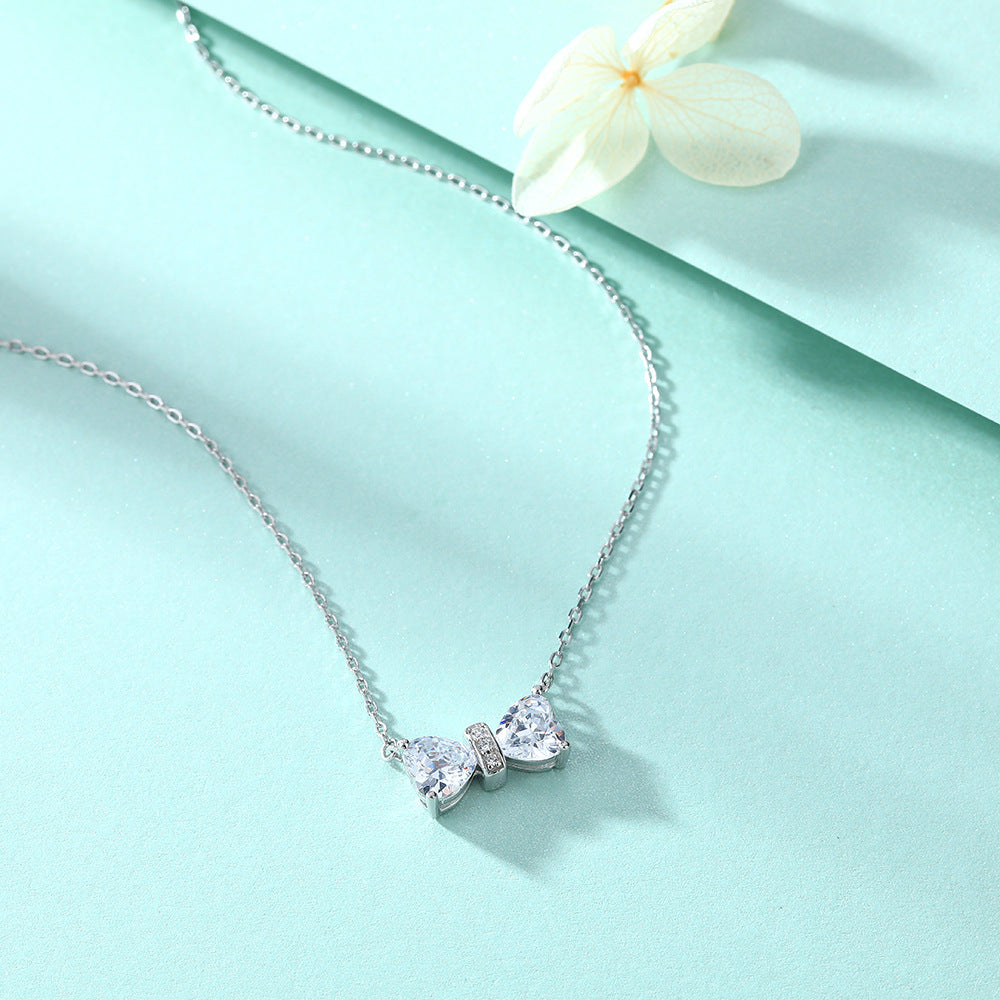 Double Heart Zircon Bow Pendant Silver Necklace for Women