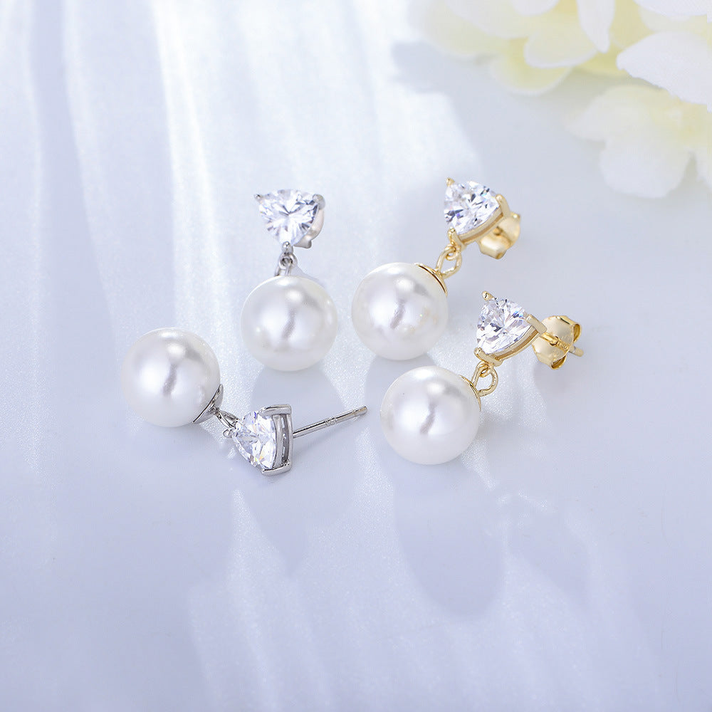 Pearl with Triangle Zircon Silver Drop Earrings for Women