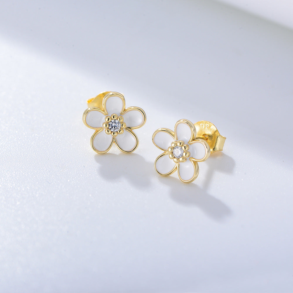 White Flower with Zircon Silver Studs Earrings for Women