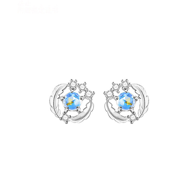 Blue Crystal Feather Circle Silver Studs Earrings  for Women