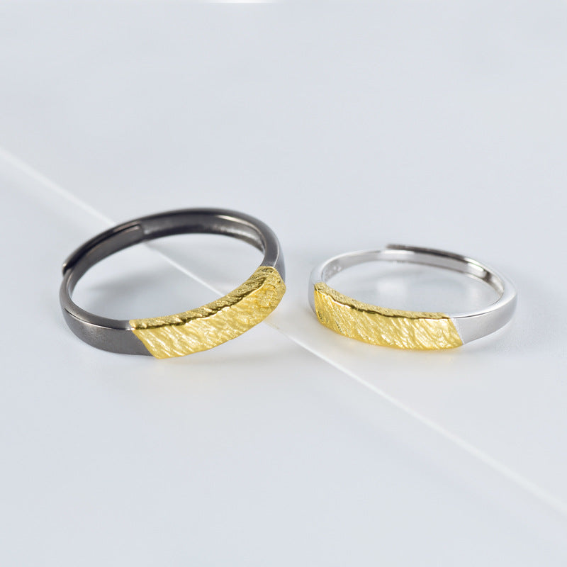 Gold Colour Rock Textured Pleated Silver Couple Ring for Women