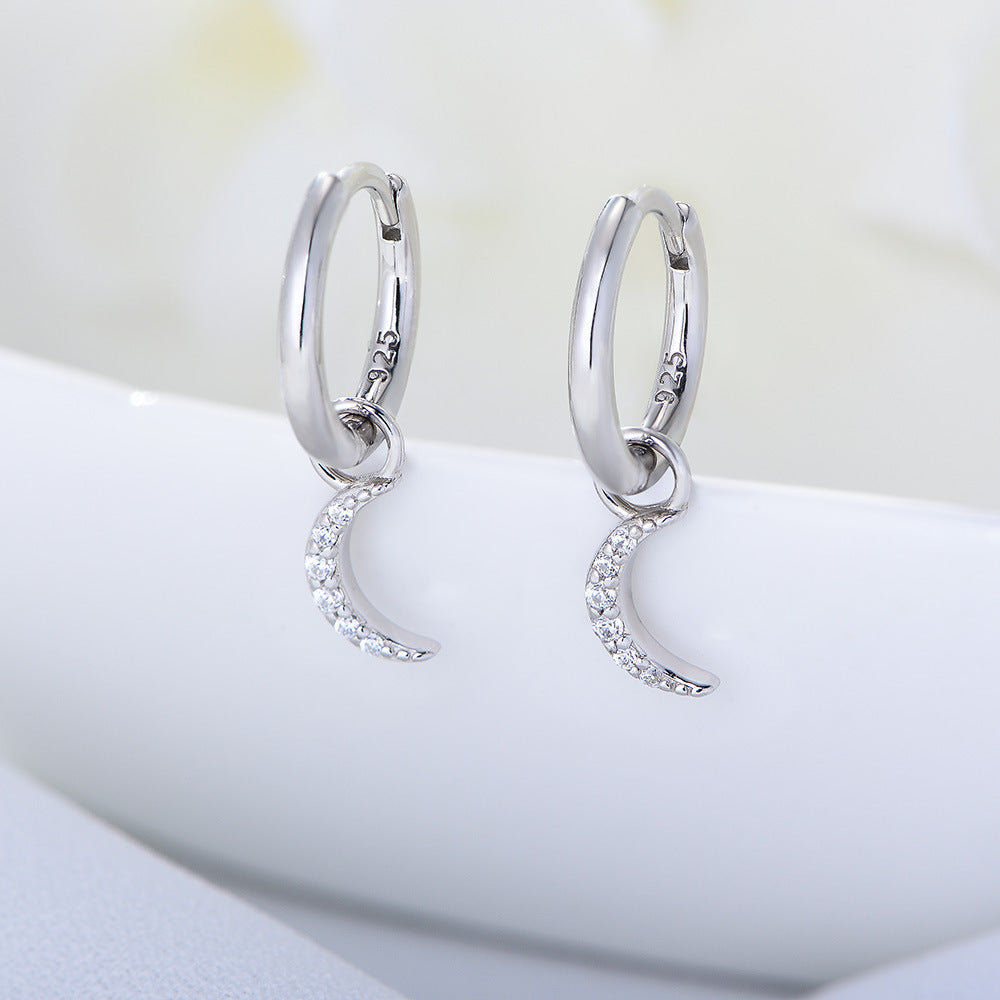 Zircon Moon Pendant Silver Hoop Earrings for Women