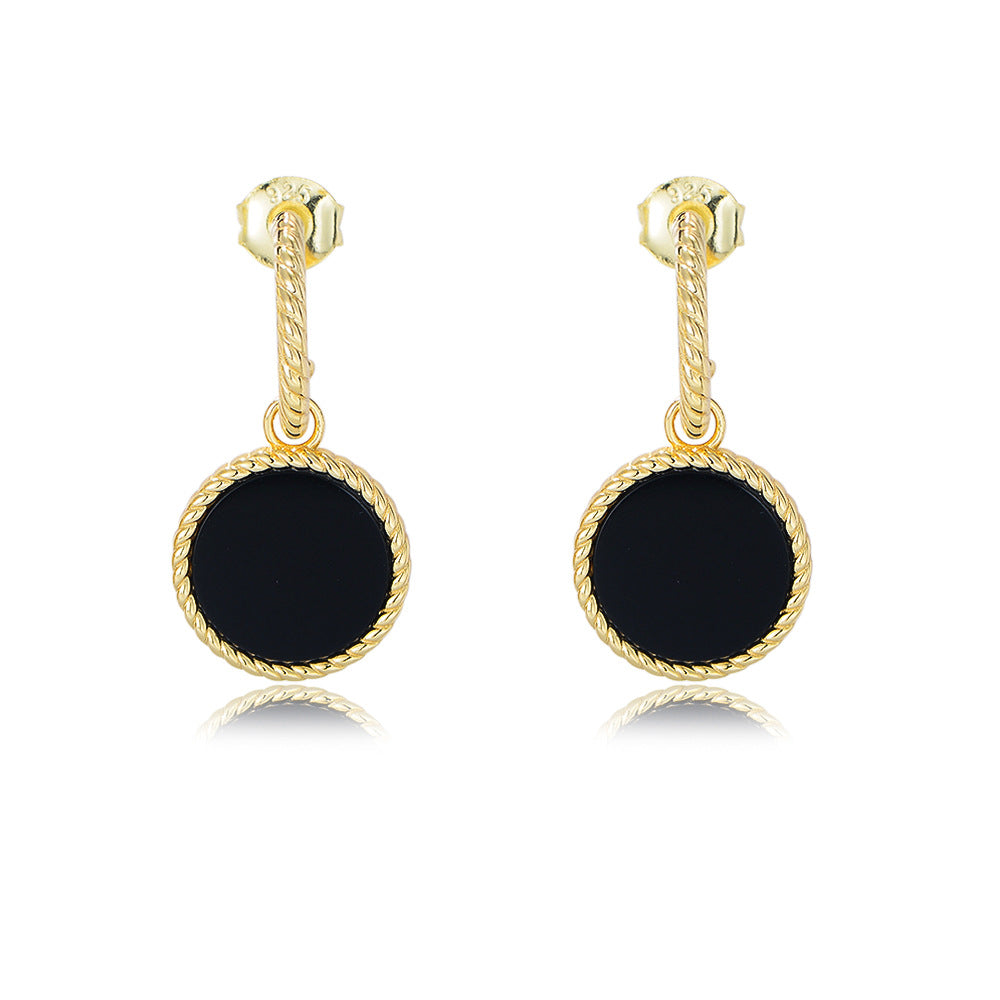 Round Black Agate Silver Drop Earrings for Women