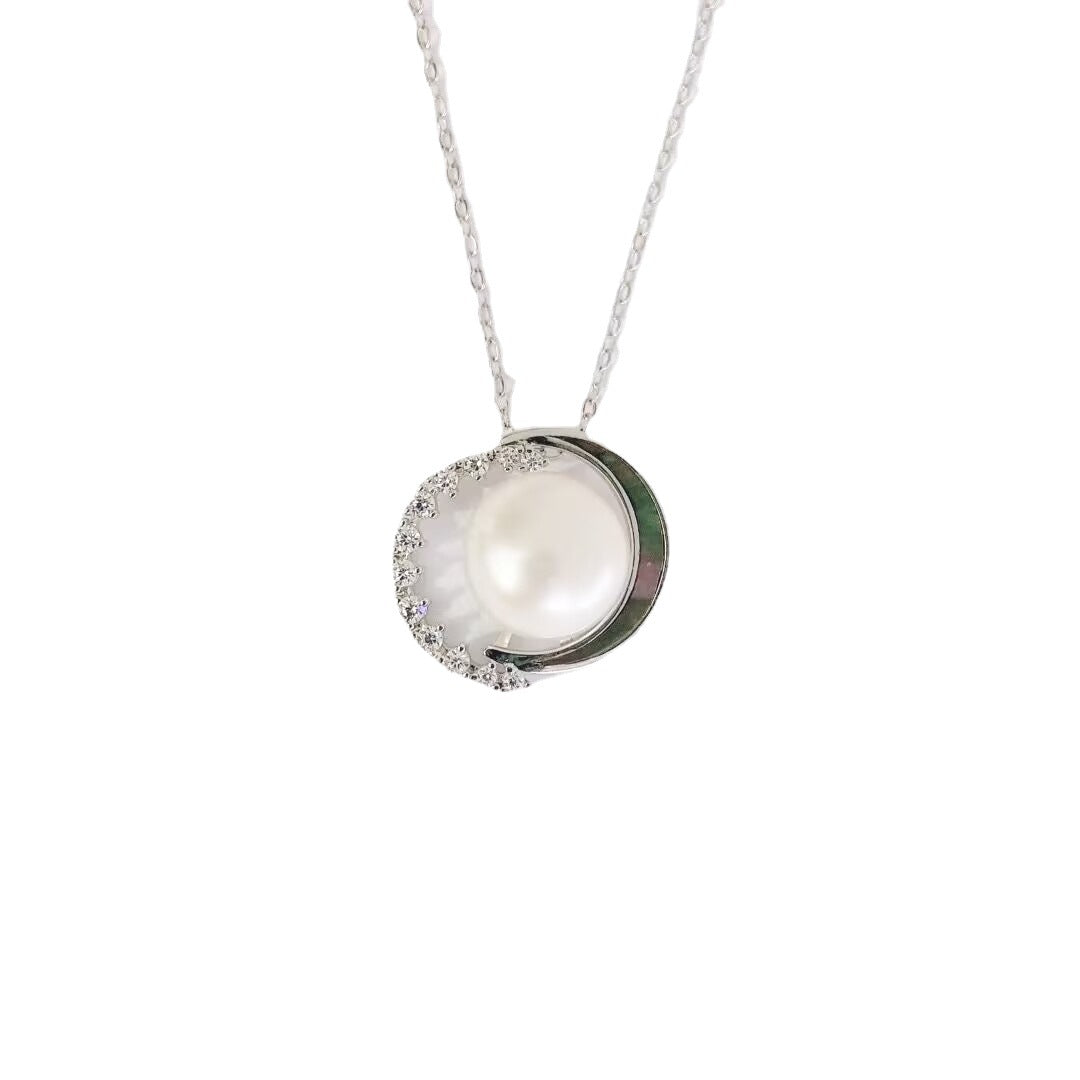 Natural Freshwater Pearl Double Half Circle Pendant Silver Necklace for Women