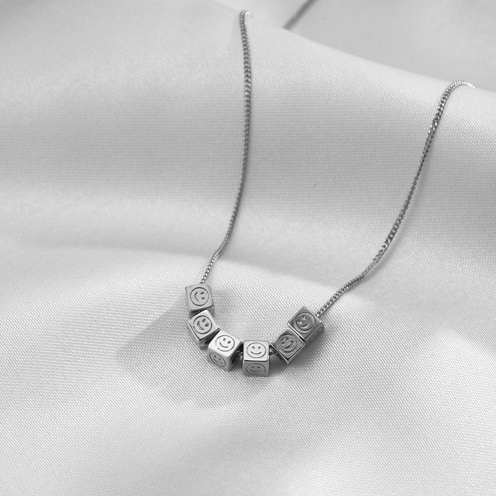 (Two Colours) Little Squares with Smile Face Pendants 925 Silver Collarbone Necklace for Women