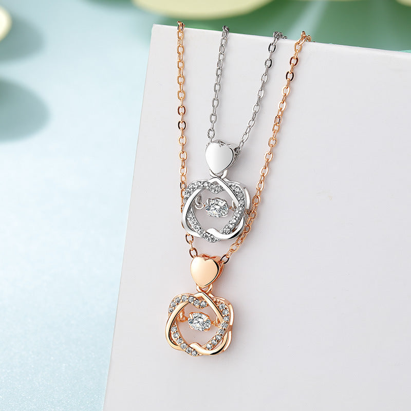 Interlocking Double Heart with Round Zircon Silver Necklace for Women