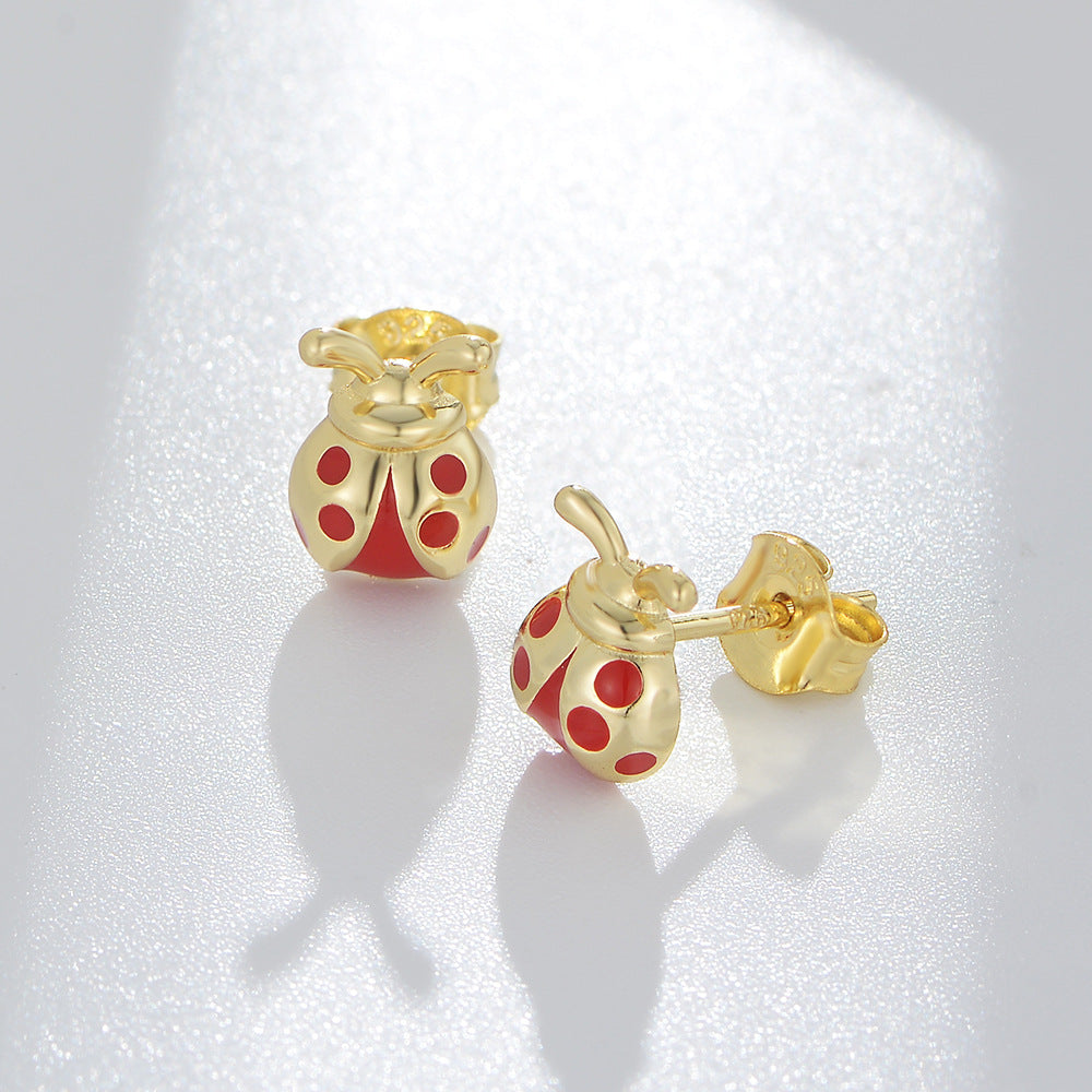 Enamel Seven-star Ladybug Silver Studs Earrings for Women