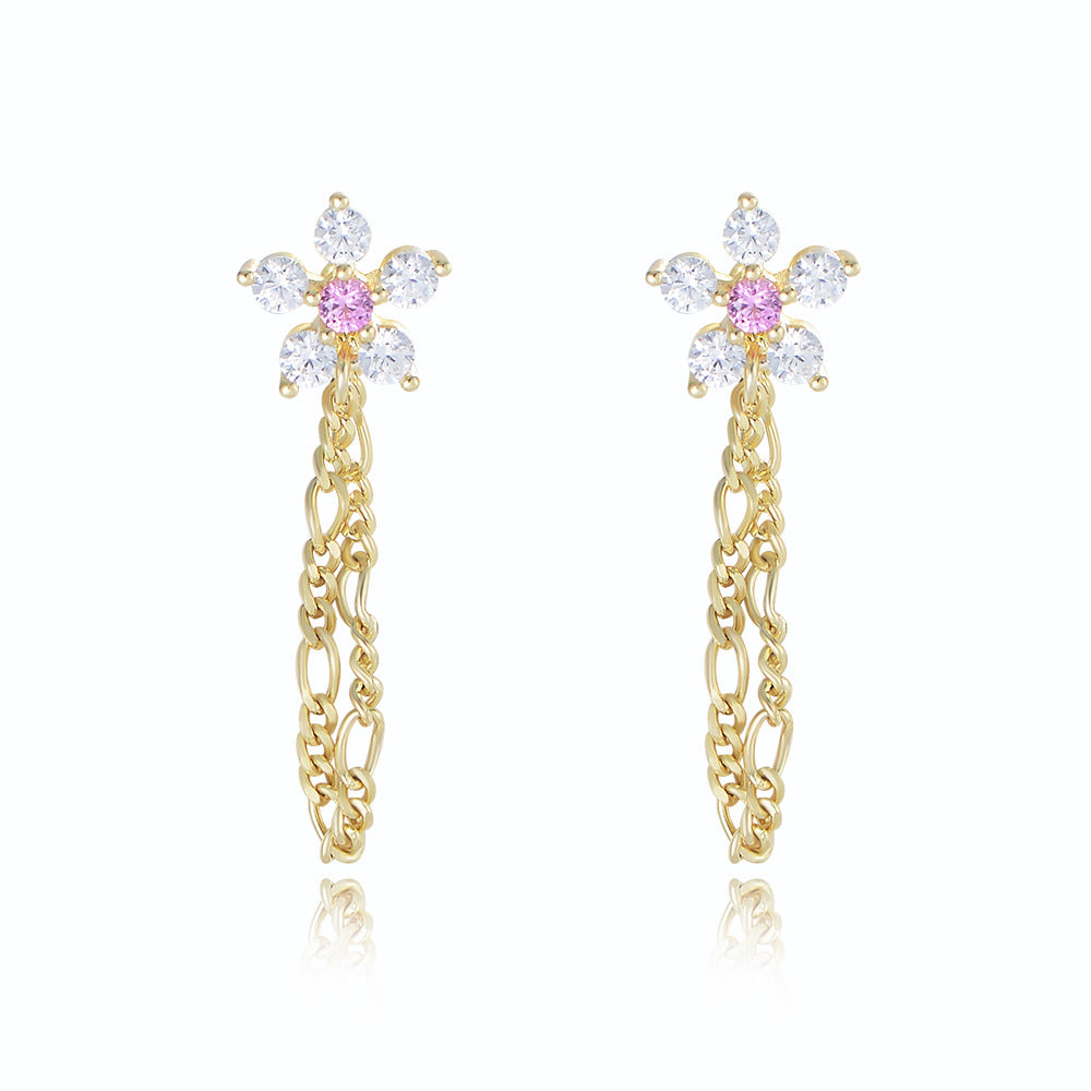 Zircon Flower with Chain Silver Drop Earrings for Women