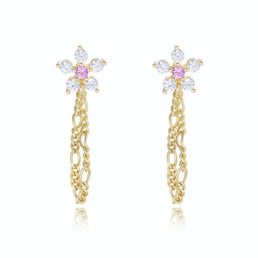 Zircon Flower with Chain Silver Drop Earrings for Women