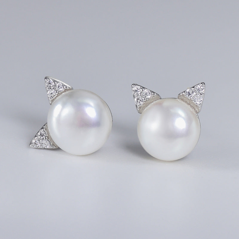 Freshwater Pearl Cat Head Silver Stud Earrings for Women