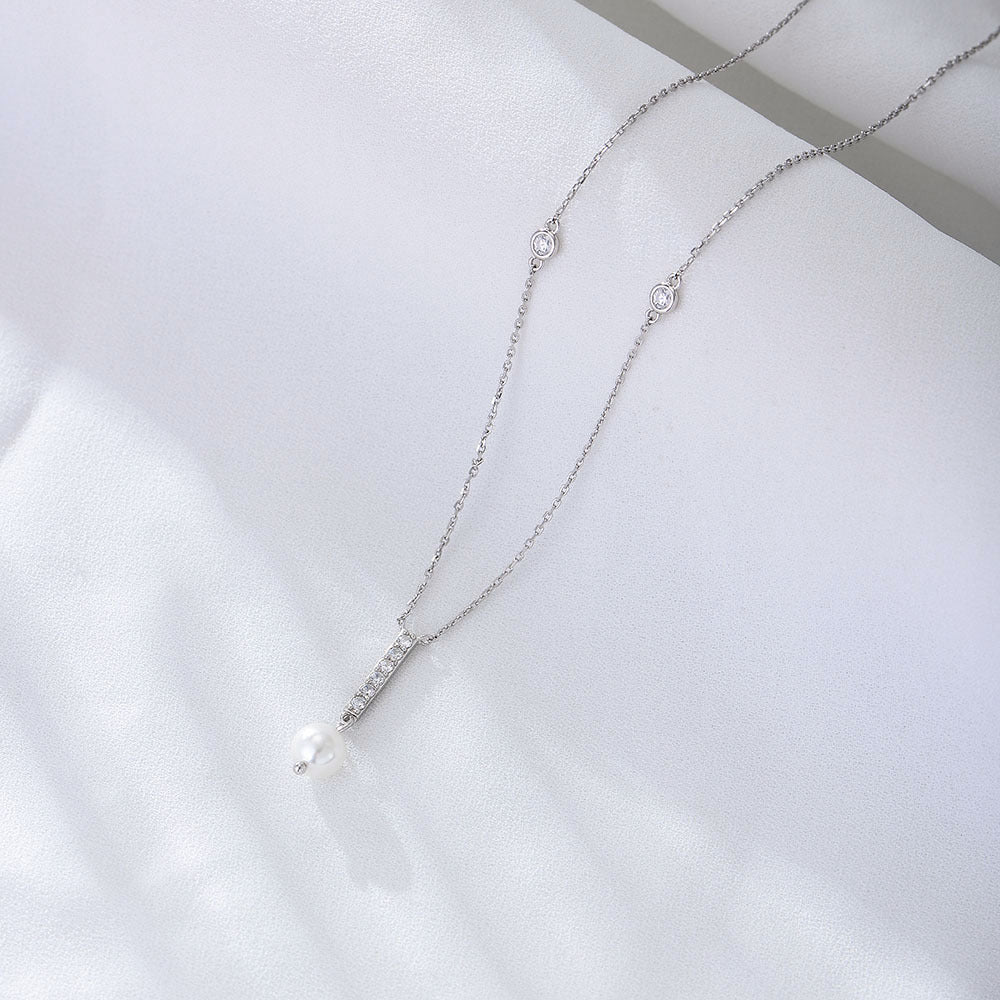 Geometric Tassel Pearl with Zircon Sterling Silver Necklace  for Women