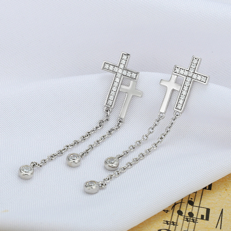 Double Cross Tassel with Zircon Silver Drop Earrings for Women