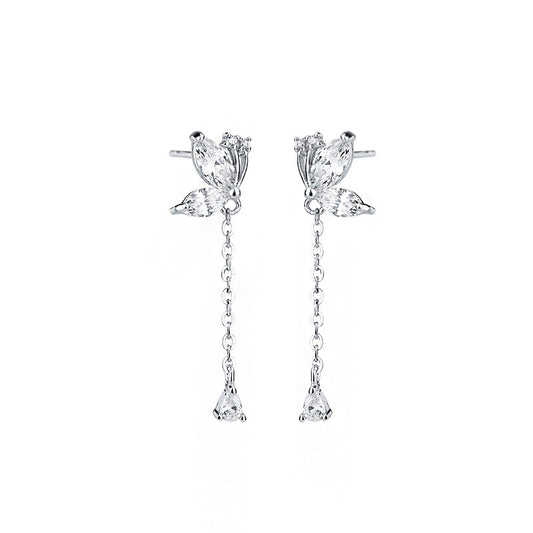 Zircon Butterfly Long Tassel Silver Drop Earrings for Women