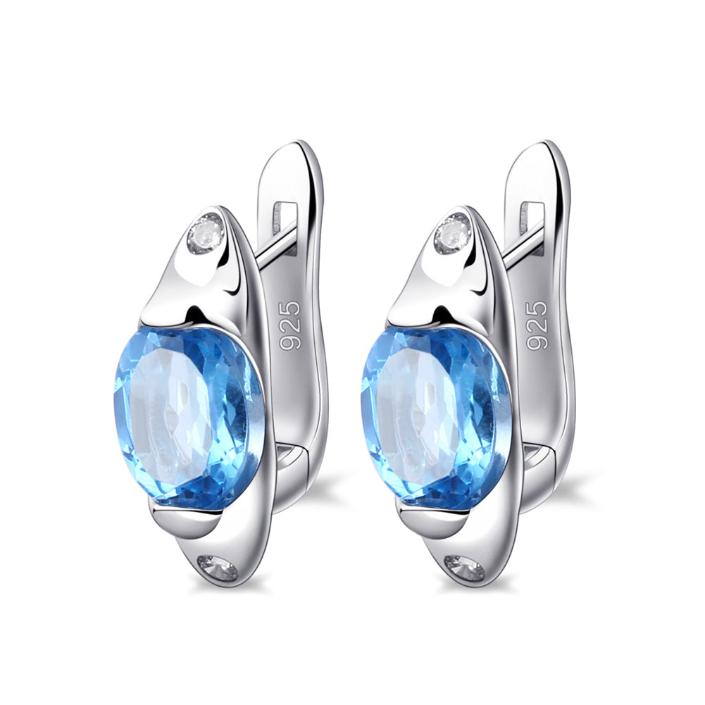 European Retro Style Inlaid Natural Gemstone Oval Shape Silver Studs Earrings for Women