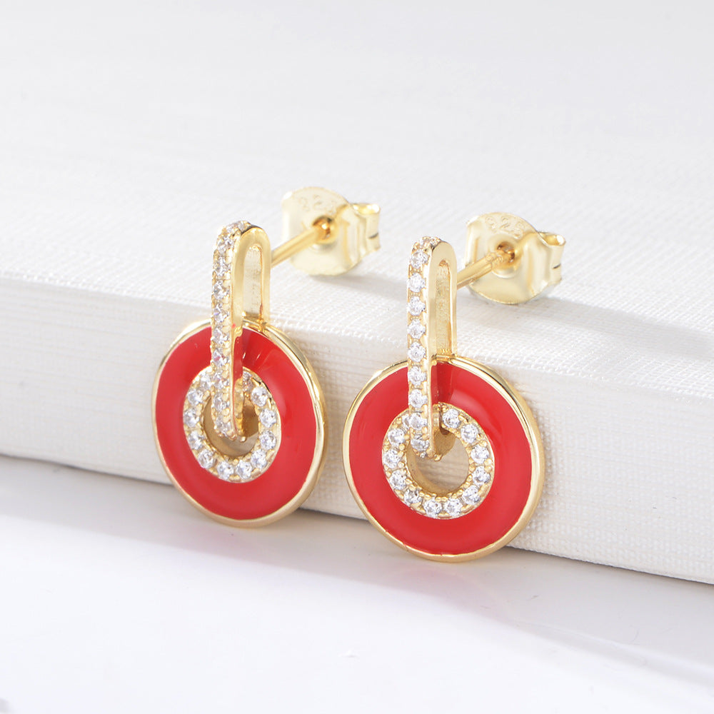 Circle with Zircon Enamel Sterling Silver Drop Earrings