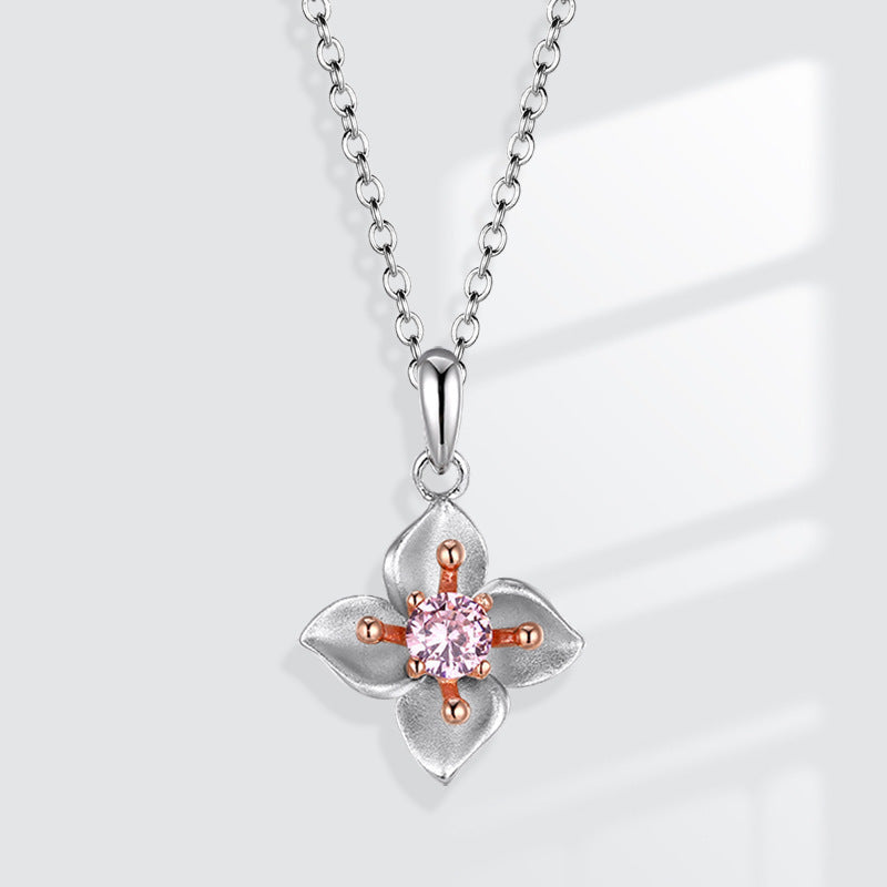 Plum Blossom with Pink Zircon Silver Necklace for Women