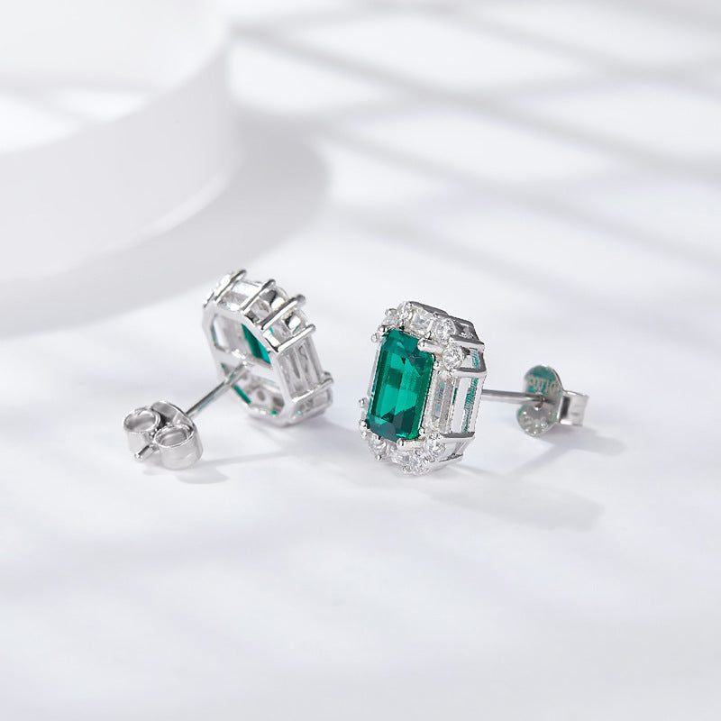 Lab-Created Emerald Rectangle 6*8mm Silver Studs Earrings for Women