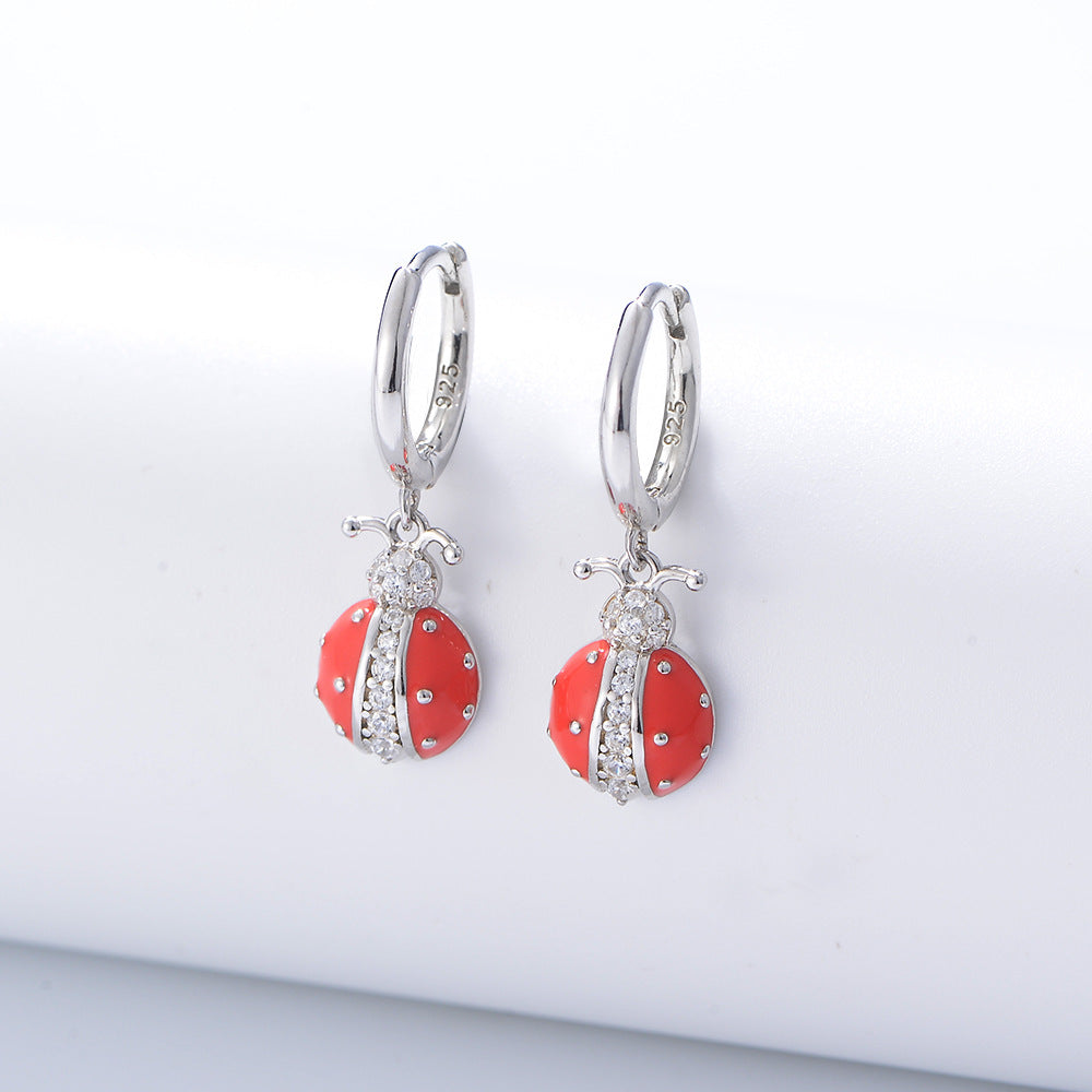 Ladybug with Zircon Silver Drop Earrings for Women